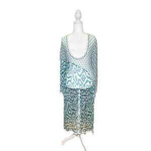 Letarte Chiffon Cover Up Dress Beaded Crochet Long Sleeves Sequin Teal White SM